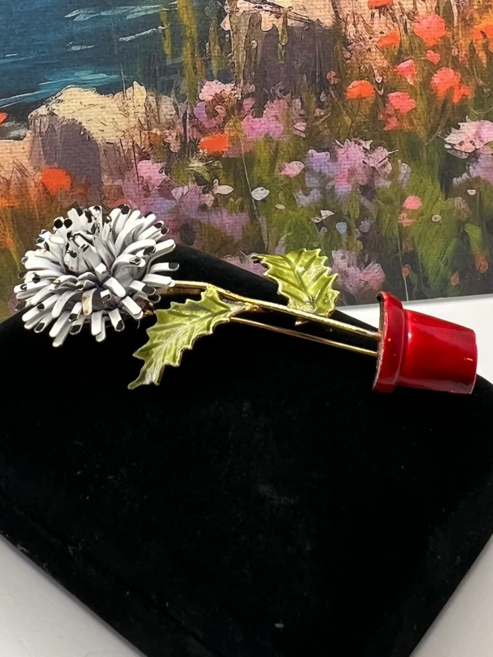 Corocraft Fringed Flower in a Pot Enamel Brooch